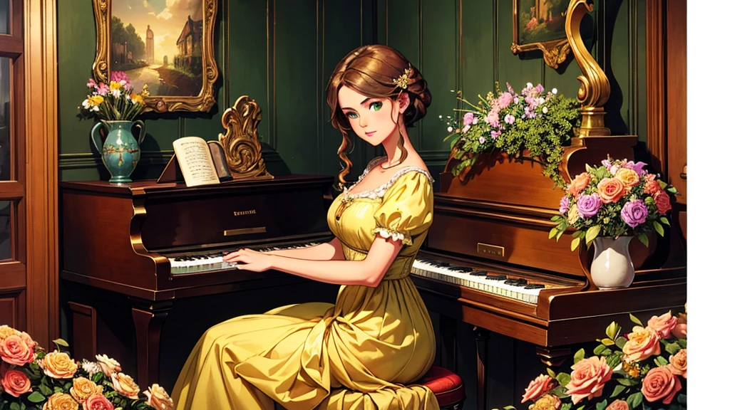 A realistic scene of a young lady in an antique dress; her skin is tanned and her face has perfect green eyes; the background is vintage style, inside an old house with a golden piano and lots of flowers; work of art.