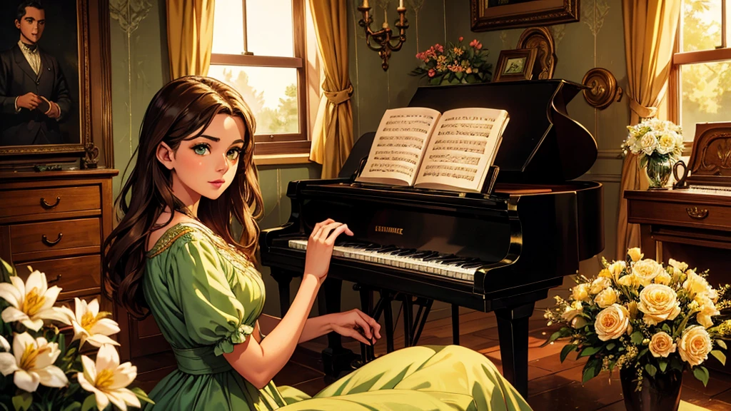 A realistic scene of a young lady in an antique dress; her skin is tanned and her face has perfect green eyes; the background is vintage style, inside an old house with a golden piano and lots of flowers; work of art.