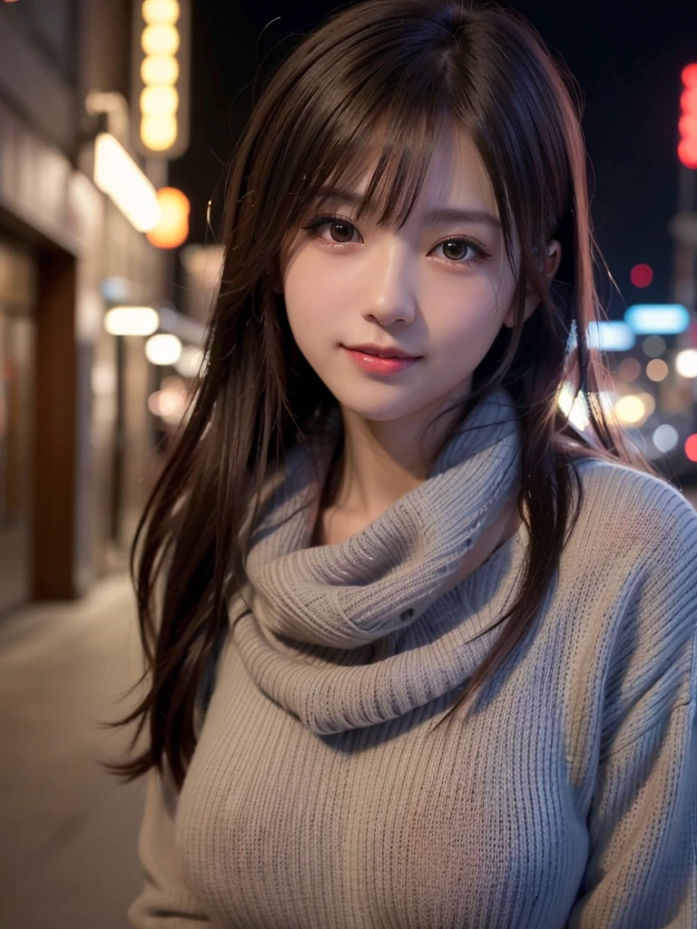 masterpiece, (extremely detailed CG unity 8k wallpaper), (best shadow), absurdres, realistic lighting, 1 Japanese girl, (white sweater:1.4), (she wears a knitted scarf around her neck.:1.2), (Raw photo, Best Quality), (Realistic, Photo-realsitic:1.4), extremely delicate and beautiful, Extremely detailed, 8k wallpaper, amazing, finely detail, extremely detailed CG Unity, high resolution, Soft light, Beautiful detailed 19-year-old girl, extremely detailed eye and face, beautifully detailed nose, Beautiful detailed eyes, Cinematic lighting, Perfect Anatomy, Slender body, huge breasts, Smiling, (hair messy, asymmetrical bangs, light brown hair), city light at night