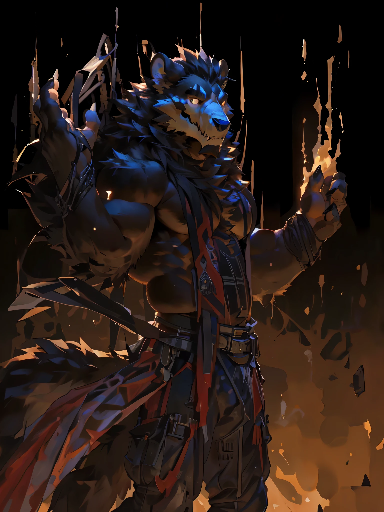 (by taran fiddler), (by darkgem:0.8), (by null-ghost), (by raccoon 21) masterpiece, solo, anthro, furry, furry male, skull-faces wolf, wolf, ((fluffy fur, tall, fluffy, furry body)), (ninja outfit, lion print, bull print), yellow eyes, long hair, black hair, wolf tail, ((white wolf skull face, dark brown body, black facial hair)), black sideburns, back long hair, detailed fluffy fur, detailed face, detailed eyes, pointy ears, no shirt, (furry pectorals:1.1),  full body, no shirt, collar, (by null-ghost,by raccoon21, masterpiece, high quality, hi res,8k HD), standing, close-view portrait, looking at viewer, night, fiery background outdoor, 4 fingers, one thumb