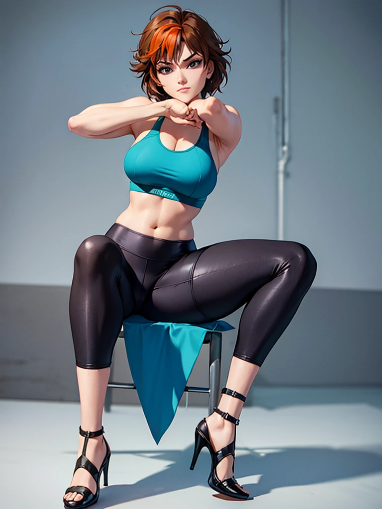 merula, high heels, sexy sport bra, yoga blue adidas pants, full body, thighs, sitting pose