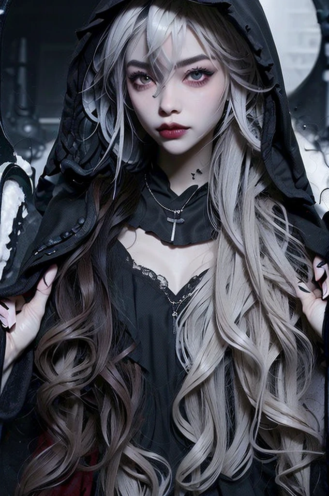 ((best quality)), ((masterpiece)), (detailed), 1girl, solo, beautiful, gothic, witch, gloomy, Asian woman, mature, black clothing, hooded black robe, modest clothing, hood up, goddess of death, blank expression, stoic expression, serious expression, split dye hair, multicolored hair, black and white hair, black dye on right side, white hair on left side, messy hair, bangs, black eyebrows, thick eyebrows, long eyelashes, grey eyes, dark circles under eyes, plump lips, red lipstick, red lips, no skin showing, skinny, pale skin, thin, sickly looking, looking at viewer, holding scythe, in graveyard, Wylona Hayashi, all black clothing, black hood, full body shot, cemetery background, standing, standing in a cemetery, holding scythe, windy, wind blowing, black long sleeves, black witch clothing, black religious clothing