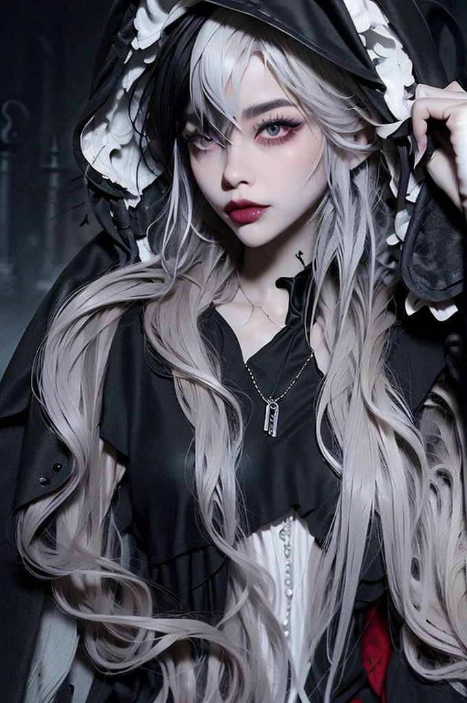 ((best quality)), ((masterpiece)), (detailed), 1girl, solo, beautiful, gothic, witch, gloomy, Asian woman, mature, black clothing, hooded black robe, modest clothing, hood up, goddess of death, blank expression, stoic expression, serious expression, split dye hair, multicolored hair, black and white hair, black dye on right side, white hair on left side, messy hair, bangs, black eyebrows, thick eyebrows, long eyelashes, grey eyes, dark circles under eyes, plump lips, red lipstick, red lips, no skin showing, skinny, pale skin, thin, sickly looking, looking at viewer, holding scythe, in graveyard, Wylona Hayashi, all black clothing, black hood, full body shot, cemetery background, standing, standing in a cemetery, holding scythe, windy, wind blowing, black long sleeves, black witch clothing, black religious clothing