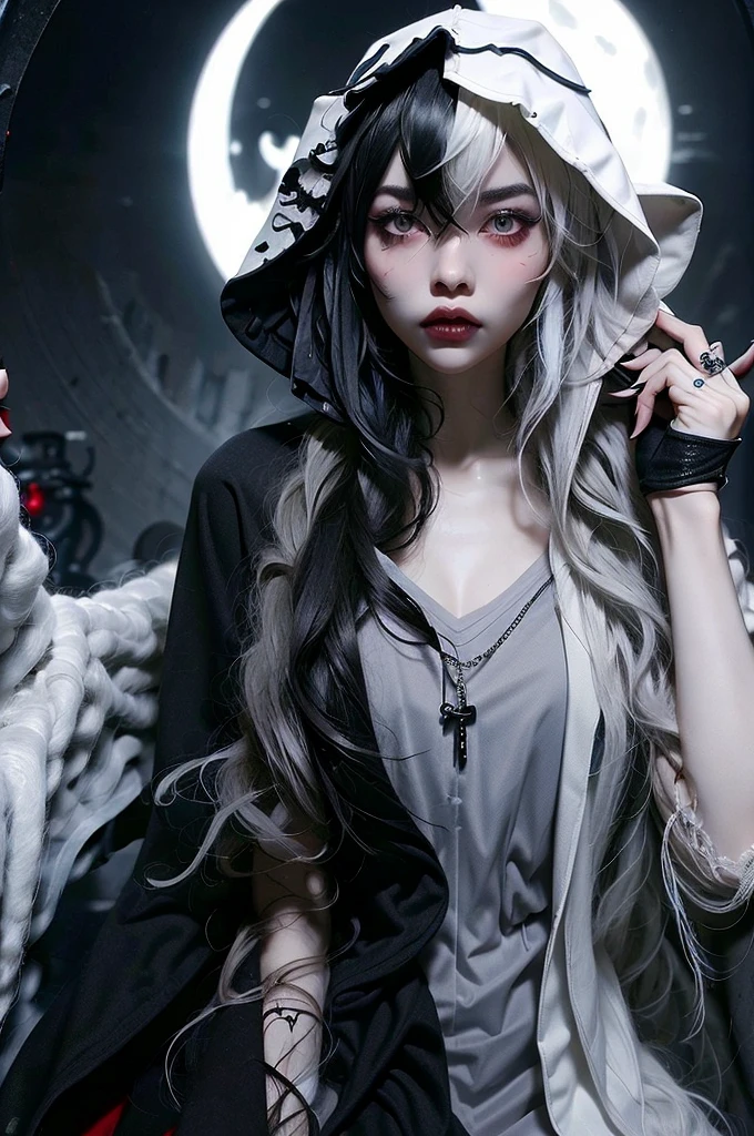 ((best quality)), ((masterpiece)), (detailed), 1girl, solo, beautiful, gothic, witch, gloomy, Asian woman, mature, black clothing, hooded black robe, modest clothing, hood up, goddess of death, blank expression, stoic expression, serious expression, split dye hair, multicolored hair, black and white hair, black dye on right side, white hair on left side, messy hair, bangs, black eyebrows, thick eyebrows, long eyelashes, grey eyes, dark circles under eyes, plump lips, red lipstick, red lips, no skin showing, skinny, pale skin, thin, sickly looking, looking at viewer, holding scythe, in graveyard, Wylona Hayashi, all black clothing, black hood, full body shot, cemetery background, standing, standing in a cemetery, holding scythe, windy, wind blowing, black long sleeves, black witch clothing, black religious clothing