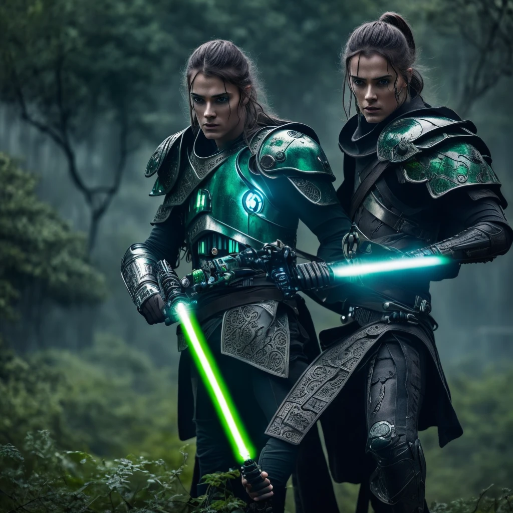 Elden ring style warrior, Cyborg warrior with a lightsaber, green lightsaber, city around covered by vegetation, ancient medieval city, warrior with neon blue eyes,dark sky due to heavy rain, just a warrior, cyborg style 