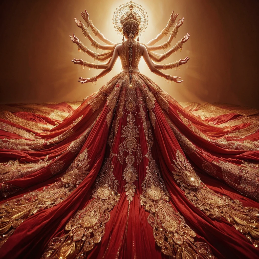 A stunning (((Indian woman))) dazzles in an intricate red gown, rich with flowing layers and elaborate patterns, embodying Ganesh in grand fashion. Her head, crowned with a gorgeous golden headpiece, is illuminated dramatically. Crystallized human arms extend from her back, while opulent gold jewelry and golden boots complete the look. The shot, taken from beneath, highlights her gown's magnificent descent and her gorgeous face, creating a divine and cohesive fashion masterpiece.