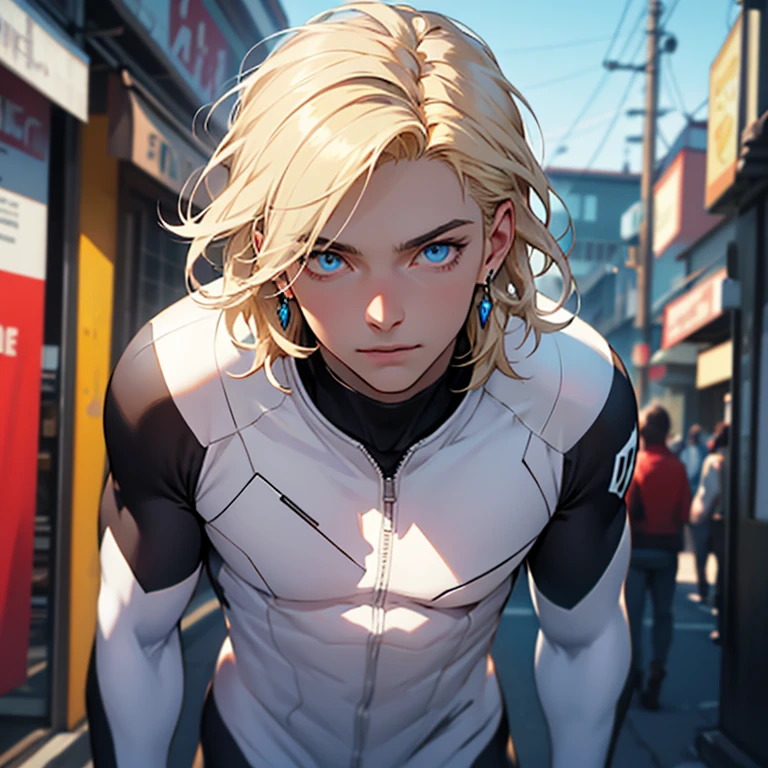 ((masterpiece)), (((best quality))), superhero, 1 male, pale white skin, light blonde hair, medium hair, straight hair, handsome man, detailed background of a city, blue eyes, earrings, purple and white supersuit, detailed face, full body, highest quality, highly detailed, original, high resolution CG Unit 8k wallpaper, (depth of field: 1.5), fidelity: 1.3, (best quality, artwork, masterpiece, 4k)