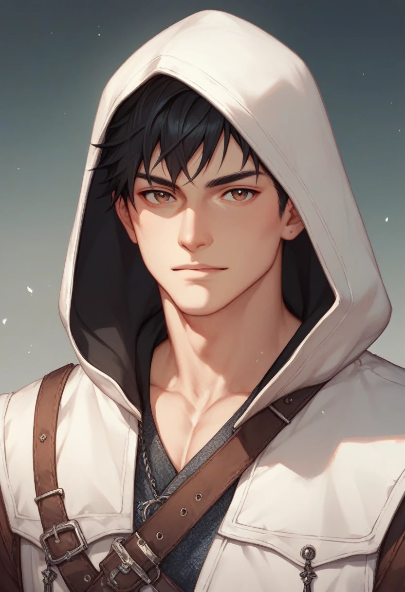 20-year-old anime male with white assassin robes on black hair hazel eyes with a hood on