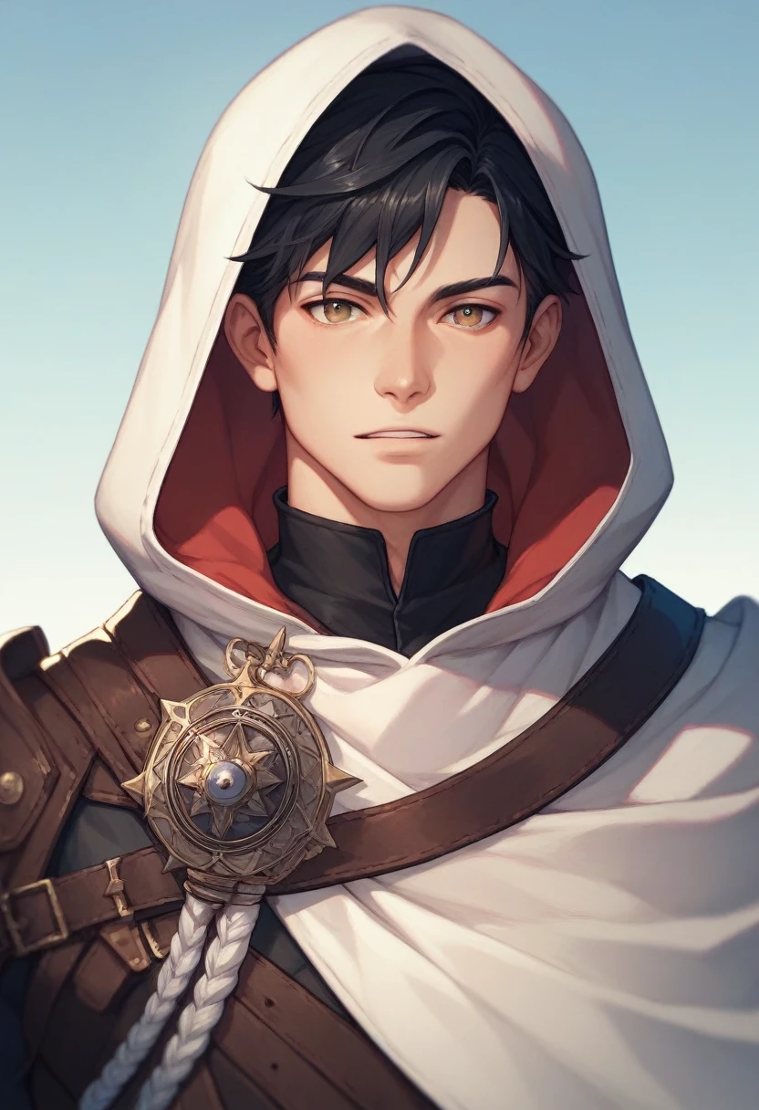 20-year-old anime male with white assassin robes on black hair hazel eyes with a hood on