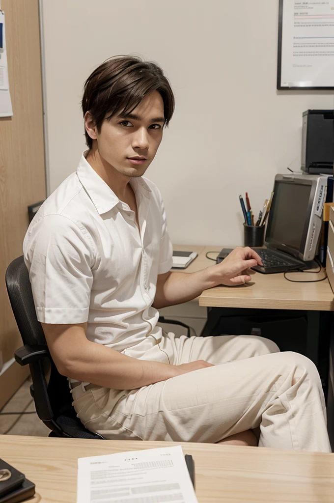 Anime of a man with short hair in a white shirt sitting at his work desk