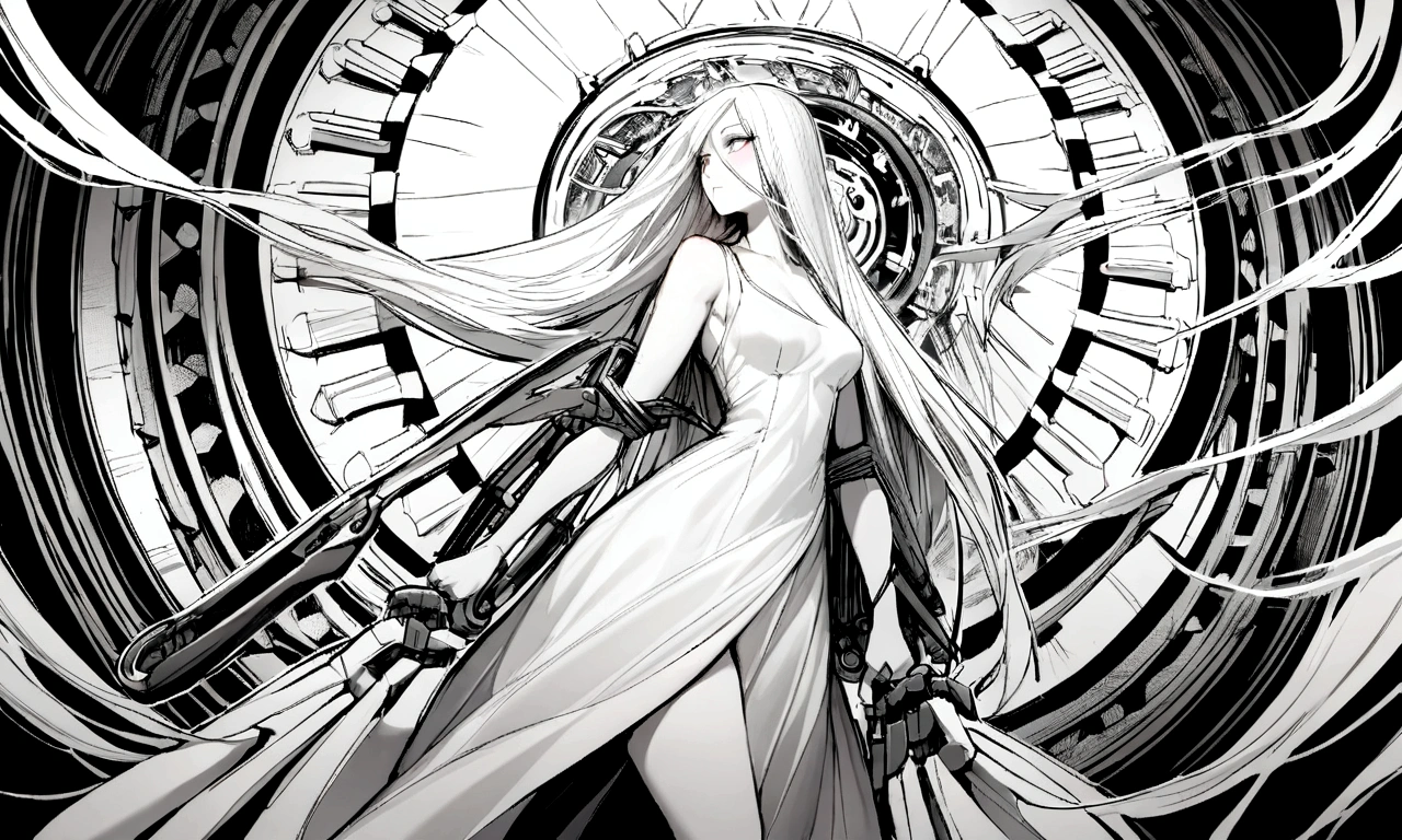 black and white drawing, Clockwork background with giant claws, beautiful woman 1, white long straight hair, white hair, wearing a white dress, the wind blows strongly, Mechanical tongs pull the body, body dragged by mechanical tongs
