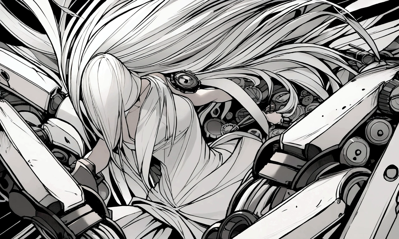 black and white drawing, giant clockwork background, beautiful woman 1, white long straight hair, white hair, wearing a white dress, the wind blows strongly, body being dragged into mechanical tongs, body dragged by mechanical tongs