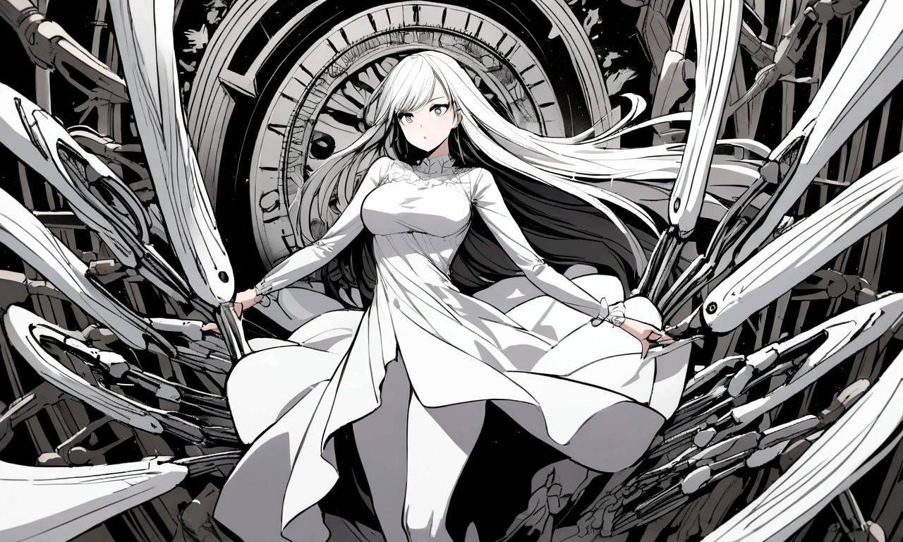 black and white drawing, giant clockwork background, beautiful woman 1, white long straight hair, white hair, wearing a white dress, the wind blows strongly, body being dragged into mechanical tongs, body dragged by mechanical tongs