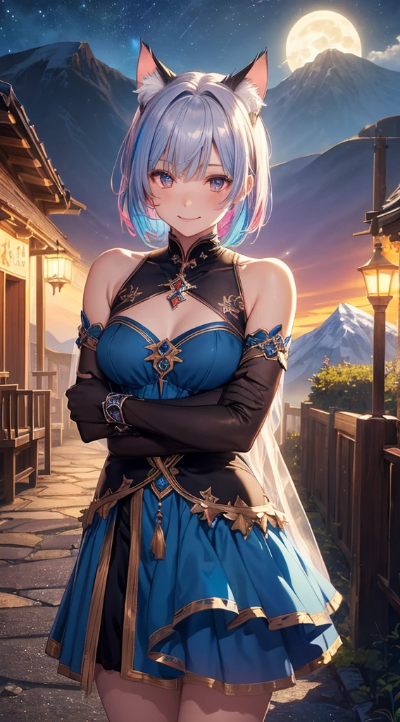 beautiful details한 소녀, clear and beautiful, glowing skin, female, no, young, 20 years, Short hair, Short hair, beautiful details glass hair, ((colorful blue greek costume)) beautiful details, warm face, beautiful and delicate eyes, middle 가슴, brown eyes, real skin texture, Very nice 8KCG wallpaper, Very cool 8K CG wallpaper, Watercolor (middle), female warrior, (((cat ears))), (((dark, dark Night, midnight))) (((nature background, mountain, wood))), ((outdoors)), upper body cut, Costume colors are colorful and saturated.., bright smile, calm posture, Informative pose, kindness, Subtle expressions
