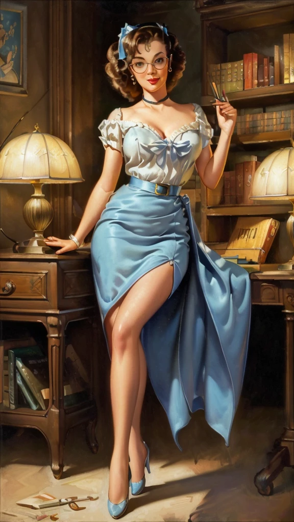 (highly realistic), (global illumination), (ray tracing), ((Gil Elvgren)), (illustrated style), ((highly detailed faces)), (8k resolution), pale blue eyes, (hyper realistic), (photorealistic: 1.4), cute librarian, library, beautiful, pencil skirt, blouse 