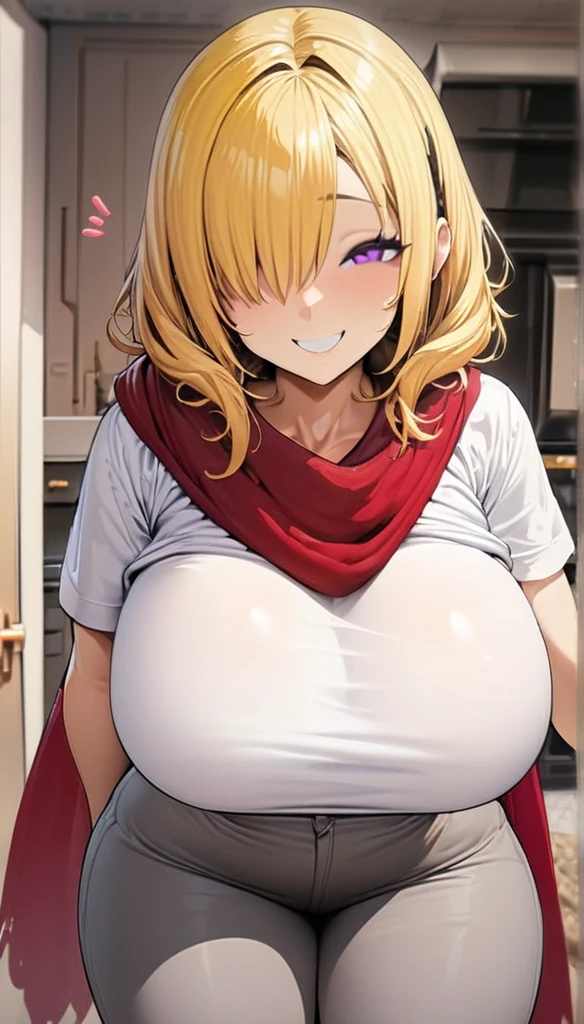 ((Best Quality)), ((Masterpiece)), (detailed), 1 girl, Pastel yellow hair, wide, hair covers one eye, purple eyes, tight, big breasts, big thighs, expression smiling shy, White T-shirt, black sweater, Red scarf, Gray pants, at home, looking at the viewer trying to surprise him,