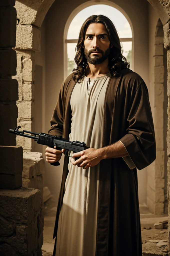 Jesus Christ giving a gun to a person