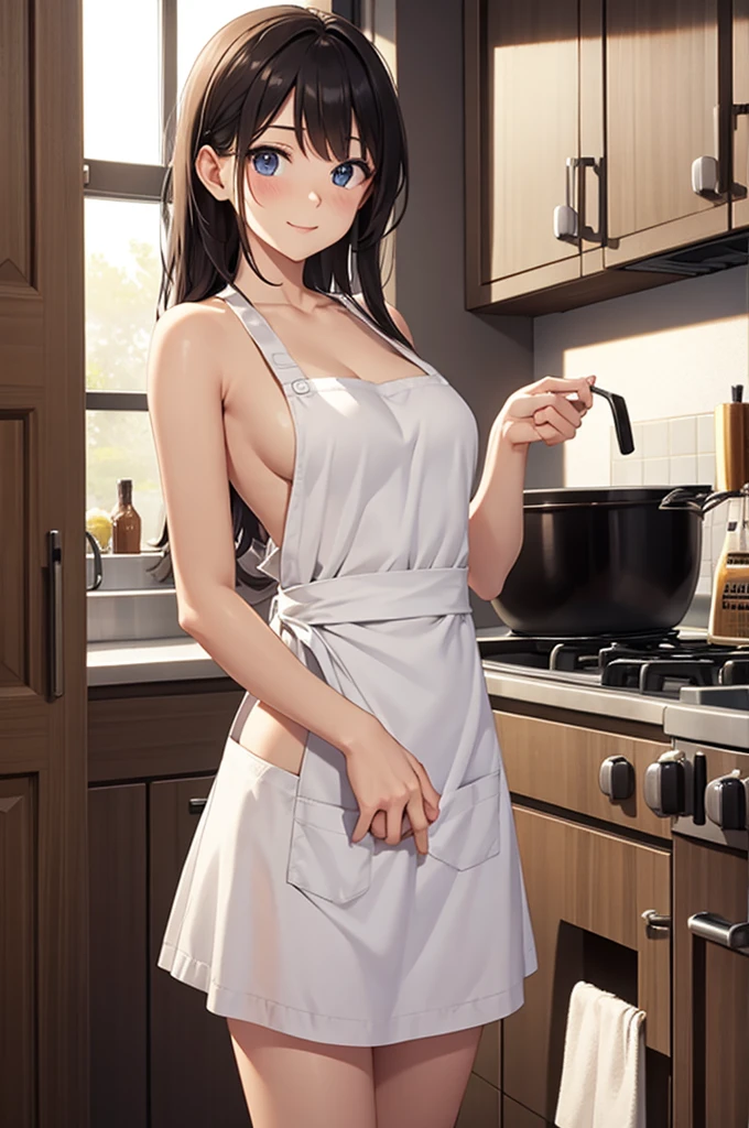 No clothes on，All I have on me is an apron，Washing dishes，voluptuous figure，slender leg，hands behind the back，Slightly sideways，Shy expression with bowed head