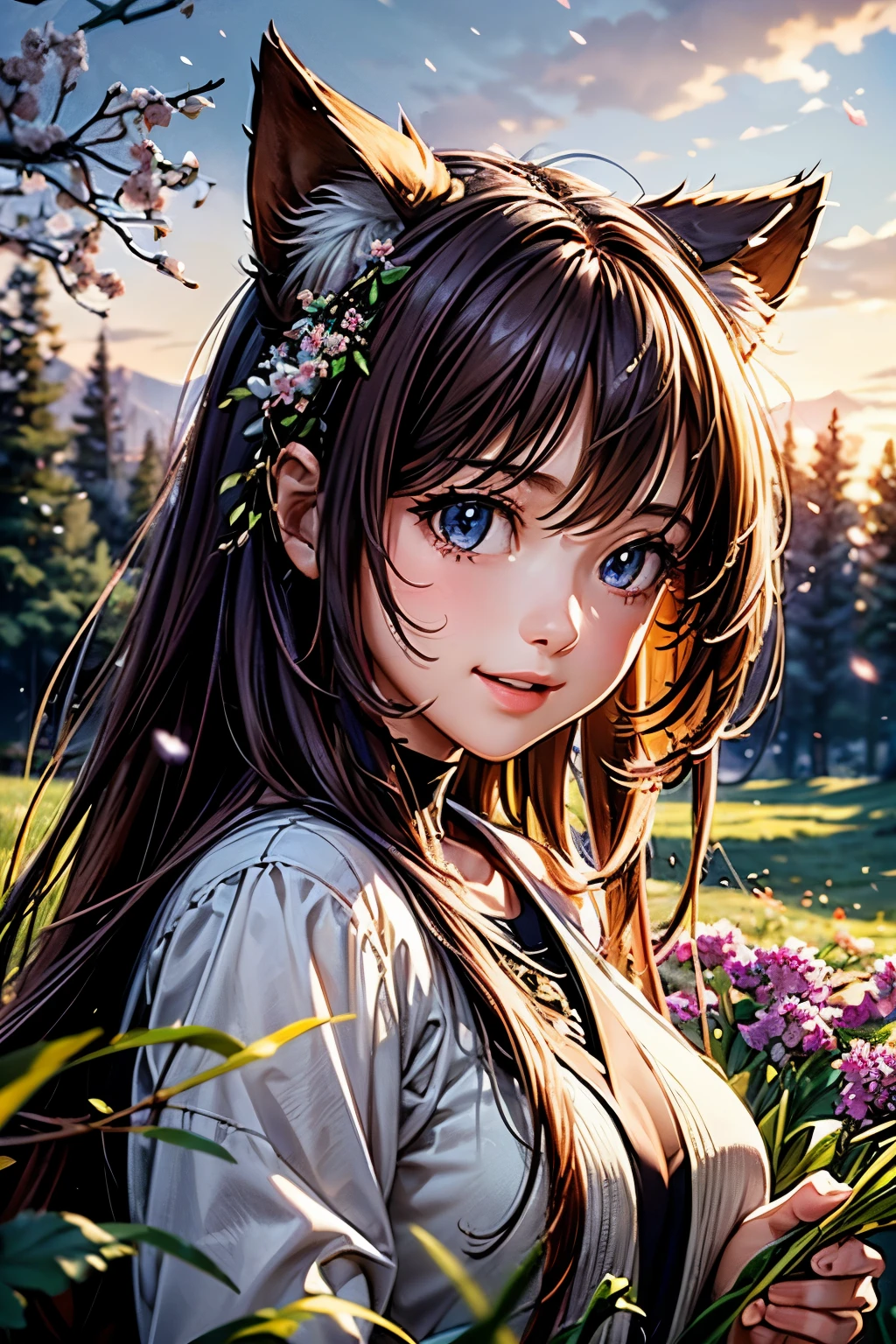 Prompt: masterpiece, best quality, ultra-detailed, 1girl, detailed water, long hair, corkscrew curls, red hair, light grey eyes, (close-up), maple trees, everywhere mistletoe, gorgeous, maple and spruce trees, cherry, cherry tree, smile, view from front, wolf ears, snowy background, science fiction, multiple tails, Tall evergreens stand tall and proud, their branches weighed down by heavy snow, volumetric lighting AND masterpiece, best quality, high quality, extremely detailed CG unity 8k wallpaper A vibrant spring landscape, bursting with new life and color. Rolling hills are covered with a carpet of green, dotted with delicate wildflowers in shades of pink, purple, and yellow, volumetric lighting