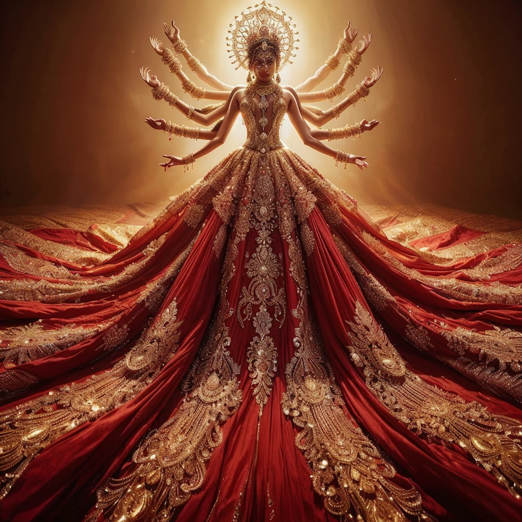A stunning (((Indian woman with gorgeous face))) dazzles in an intricate red gown, rich with flowing layers and elaborate patterns, embodying Ganesh in grand fashion. Her head, crowned with a gorgeous golden headpiece, is illuminated dramatically. Crystallized human arms extend from her back, while opulent gold jewelry and golden boots complete the look. The shot, taken from beneath, highlights her gown's magnificent descent and her gorgeous face, creating a divine and cohesive fashion masterpiece.