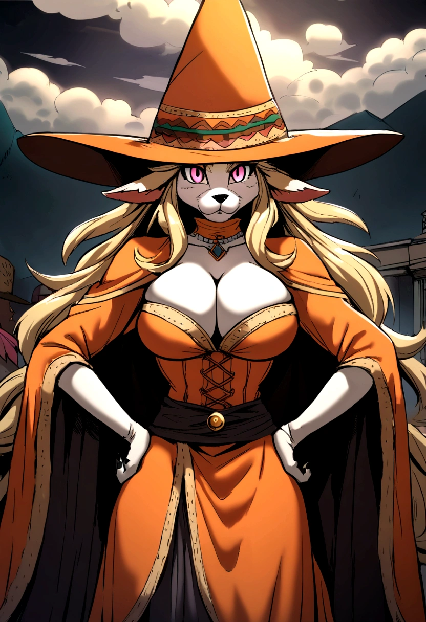 you use that promt and that's it:
Anime style furry fox witch with an orange hat and a huge chest, 1 girl, old, Alone, fox animal ears, sombrero, Witch hat, old grandes, hands on hips, neckline, long hair, looking at the viewer, black nails, ears through hat , blond hair, pink eyes, Delgado, high,fox nose in non-realistic anime style