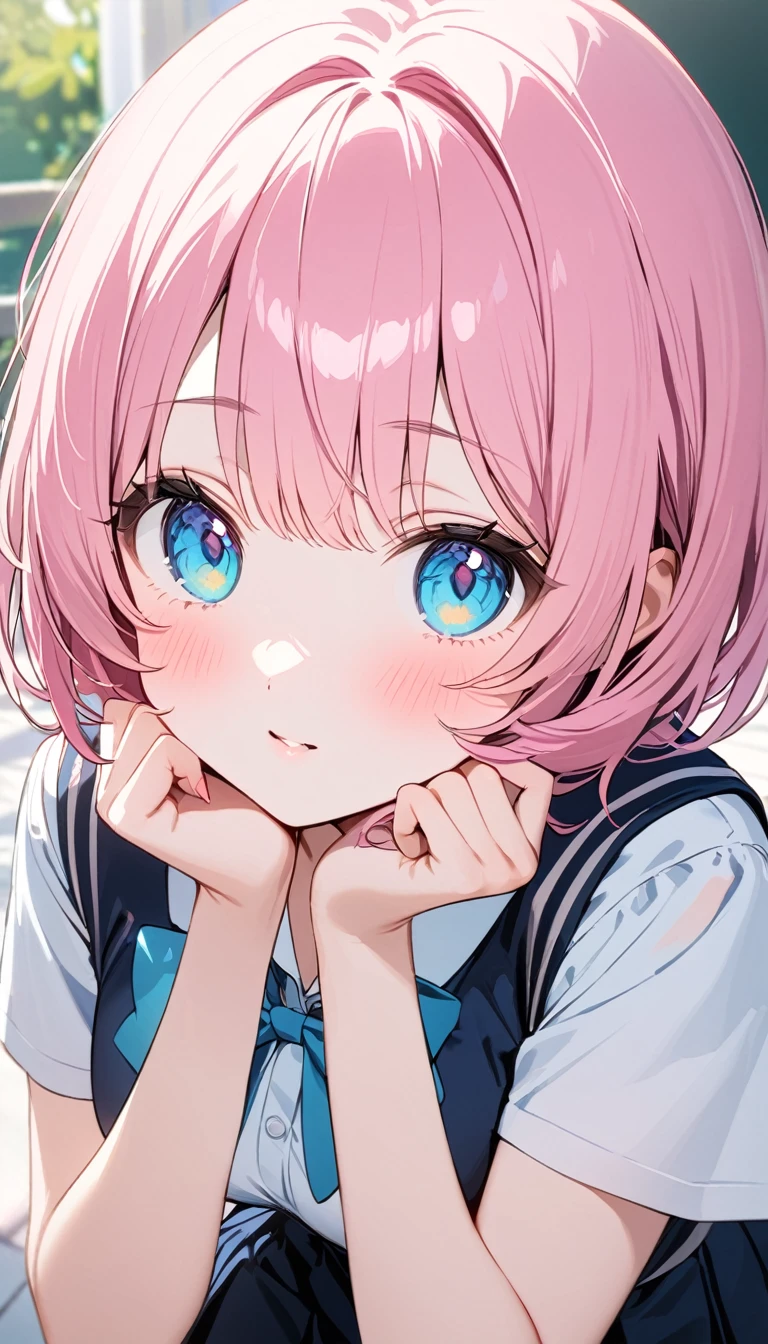 (1 girl),(Best Picture Quality, 8K, Masterpiece:1.3), (high school student:1.5), (pink lob hair:1.1), [mintgreen hair:0.1], (bob cut), (cute eyes:1.1, pupil black, iris skyblue, youthful face:1.3), ((school uniform, white short simple sleeve shirt, darkblue skirt)), (super clear:1.5), (glistening skin:1.1),(pale skin:1.2), (standard weight), (medium breasts), (close up face).