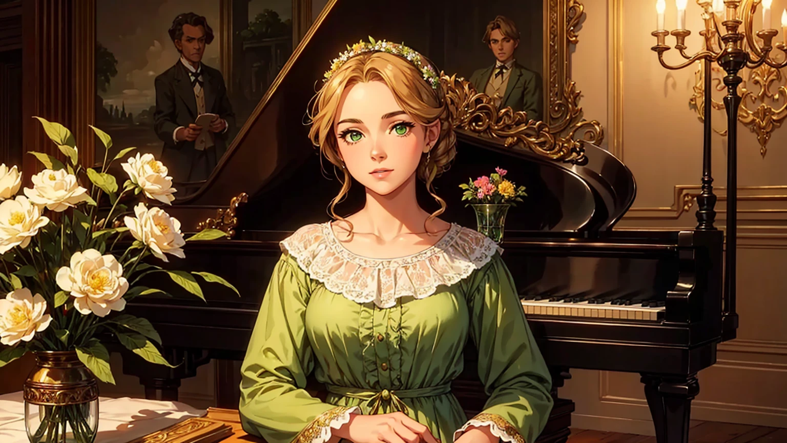 A realistic scene of a young lady in an antique dress; her skin is tanned and her face has perfect green eyes; the background is vintage style, inside an old house with a golden piano and lots of flowers; work of art.