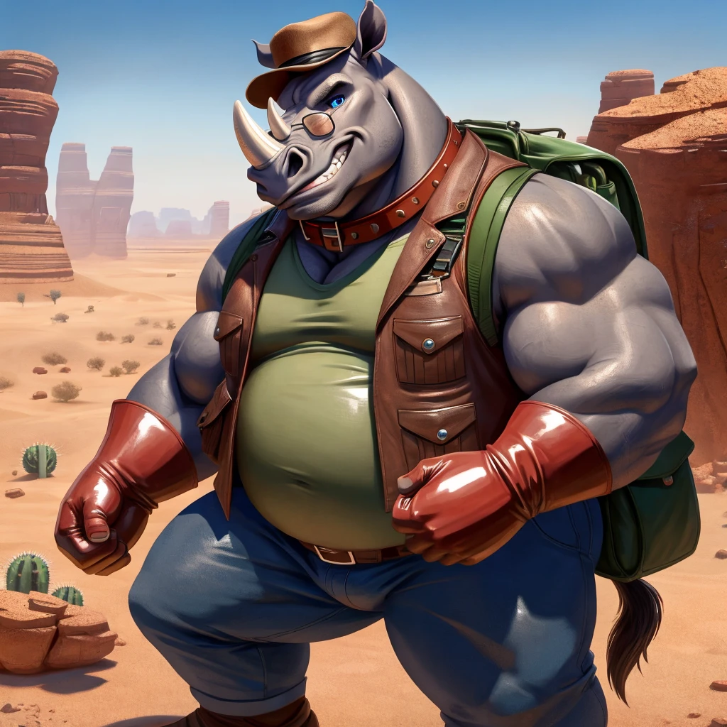 Male, fat, extremely obese, Rhinoceros with biceps, blue eyes, (posing:1.3), (soft shading), 4k, hi res, ((detailed face, detailed)), looking at viewer, evil grin, desert, cactus, shirt, hat, male focus, Explorer Outfit, glasses, pants, bag, vest, backpack, sleeves rolled up, round eyewear, brown headwear, brown vest, Rhinoceros is wearing a glossy leather dog collar around the neck, Rhinoceros is wearing the leather collar and shirt and vest at the same time, Rhinoceros is wearing glossy white rubber gloves on the hands, Rhinoceros is wearing white rubber gloves on the feet, gloves go around the wrists and ankles, gloves are rubber in texture, clenching teeth, clenching fists, leather collar is glossy and shiny with a lot of detail, white rubber gloves.