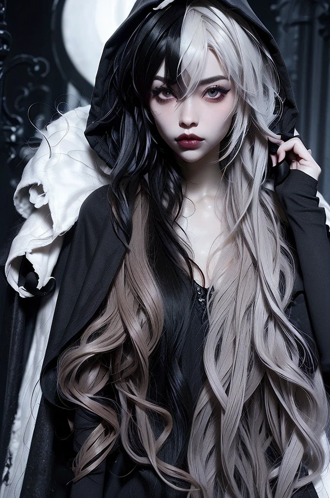 ((best quality)), ((masterpiece)), (detailed), 1girl, solo, beautiful, gothic, witch, gloomy, Asian woman, mature, black clothing, hooded black robe, modest clothing, hood up, goddess of death, blank expression, stoic expression, serious expression, split dye hair, multicolored hair, black and white hair, black dye on right side, white hair on left side, messy hair, bangs, black eyebrows, thick eyebrows, long eyelashes, grey eyes, dark circles under eyes, plump lips, red lipstick, red lips, no skin showing, skinny, pale skin, thin, sickly looking, looking at viewer, holding scythe, in graveyard, Wylona Hayashi, all black clothing, black hood, full body shot, cemetery background, standing, standing in a cemetery, holding scythe, windy, wind blowing, black long sleeves, black witch clothing, black religious clothing