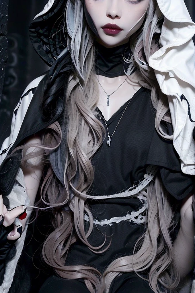 ((best quality)), ((masterpiece)), (detailed), 1girl, solo, beautiful, gothic, witch, gloomy, Asian woman, mature, black clothing, hooded black robe, modest clothing, hood up, goddess of death, blank expression, stoic expression, serious expression, split dye hair, multicolored hair, black and white hair, black dye on right side, white hair on left side, messy hair, bangs, black eyebrows, thick eyebrows, long eyelashes, grey eyes, dark circles under eyes, plump lips, red lipstick, red lips, no skin showing, skinny, pale skin, thin, sickly looking, looking at viewer, holding scythe, in graveyard, Wylona Hayashi, all black clothing, black hood, full body shot, cemetery background, standing, standing in a cemetery, holding scythe, windy, wind blowing, black long sleeves, black witch clothing, black religious clothing