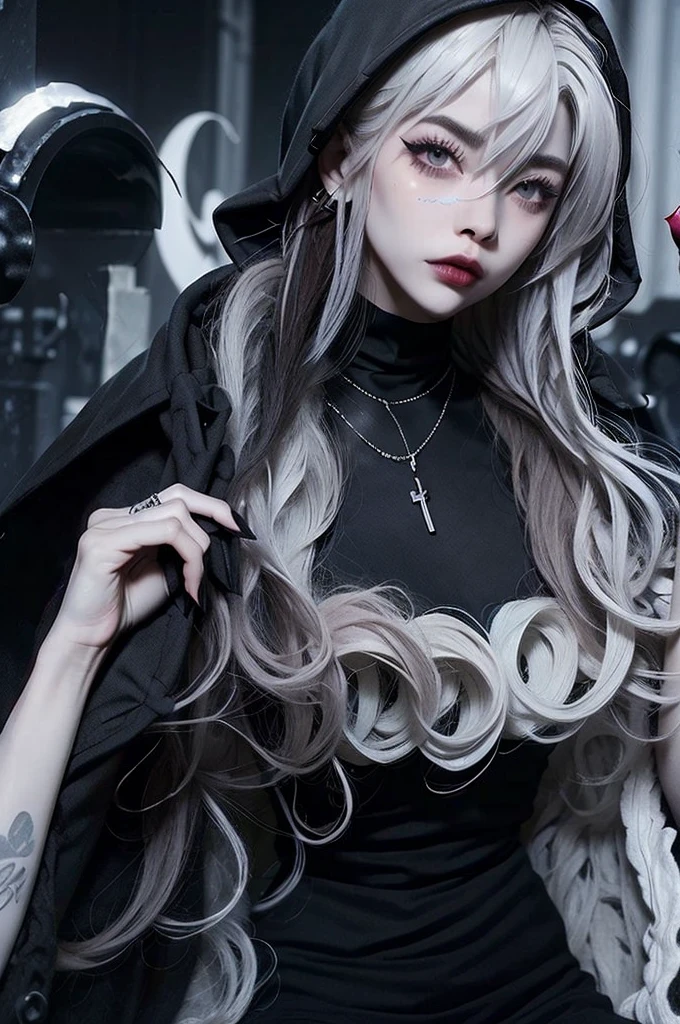 ((best quality)), ((masterpiece)), (detailed), 1girl, solo, beautiful, gothic, witch, gloomy, Asian woman, mature, black clothing, hooded black robe, modest clothing, hood up, goddess of death, blank expression, stoic expression, serious expression, split dye hair, multicolored hair, black and white hair, black dye on right side, white hair on left side, messy hair, bangs, black eyebrows, thick eyebrows, long eyelashes, grey eyes, dark circles under eyes, plump lips, red lipstick, red lips, no skin showing, skinny, pale skin, thin, sickly looking, looking at viewer, holding scythe, in graveyard, Wylona Hayashi, all black clothing, black hood, full body shot, cemetery background, standing, standing in a cemetery, holding scythe, windy, wind blowing, black long sleeves, black witch clothing, black religious clothing