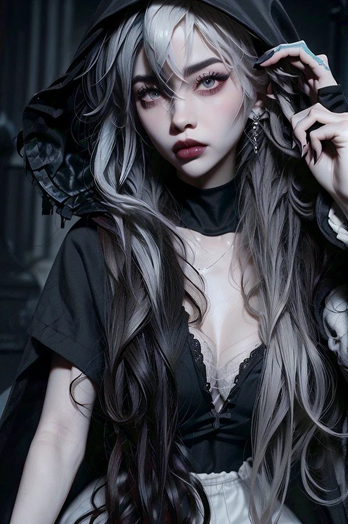 ((best quality)), ((masterpiece)), (detailed), 1girl, solo, beautiful, gothic, witch, gloomy, Asian woman, mature, black clothing, hooded black robe, modest clothing, hood up, goddess of death, blank expression, stoic expression, serious expression, split dye hair, multicolored hair, black and white hair, black dye on right side, white hair on left side, messy hair, bangs, black eyebrows, thick eyebrows, long eyelashes, grey eyes, dark circles under eyes, plump lips, red lipstick, red lips, no skin showing, skinny, pale skin, thin, sickly looking, looking at viewer, holding scythe, in graveyard, Wylona Hayashi, all black clothing, black hood, full body shot, cemetery background, standing, standing in a cemetery, holding scythe, windy, wind blowing, black long sleeves, black witch clothing, black religious clothing