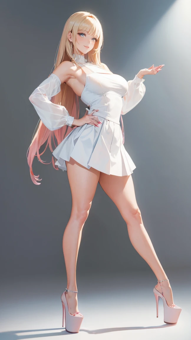 ((masterpiece, high resolution, better quality, better details)), ((Marin Kitagawa)), ((Smiling)), a girl modeling standing, mini skirt, blouse with long sleeves, ((big neckline)), ((platform high heels)), pink eyes with black outline, (light blonde hair, straight hair, straight bangs, long hair)), long nails, pink nails, (((curvy body))), shiny skin, ((side view)), solo, bare shoulders, full body, focus full body, high heels, ((White background)),