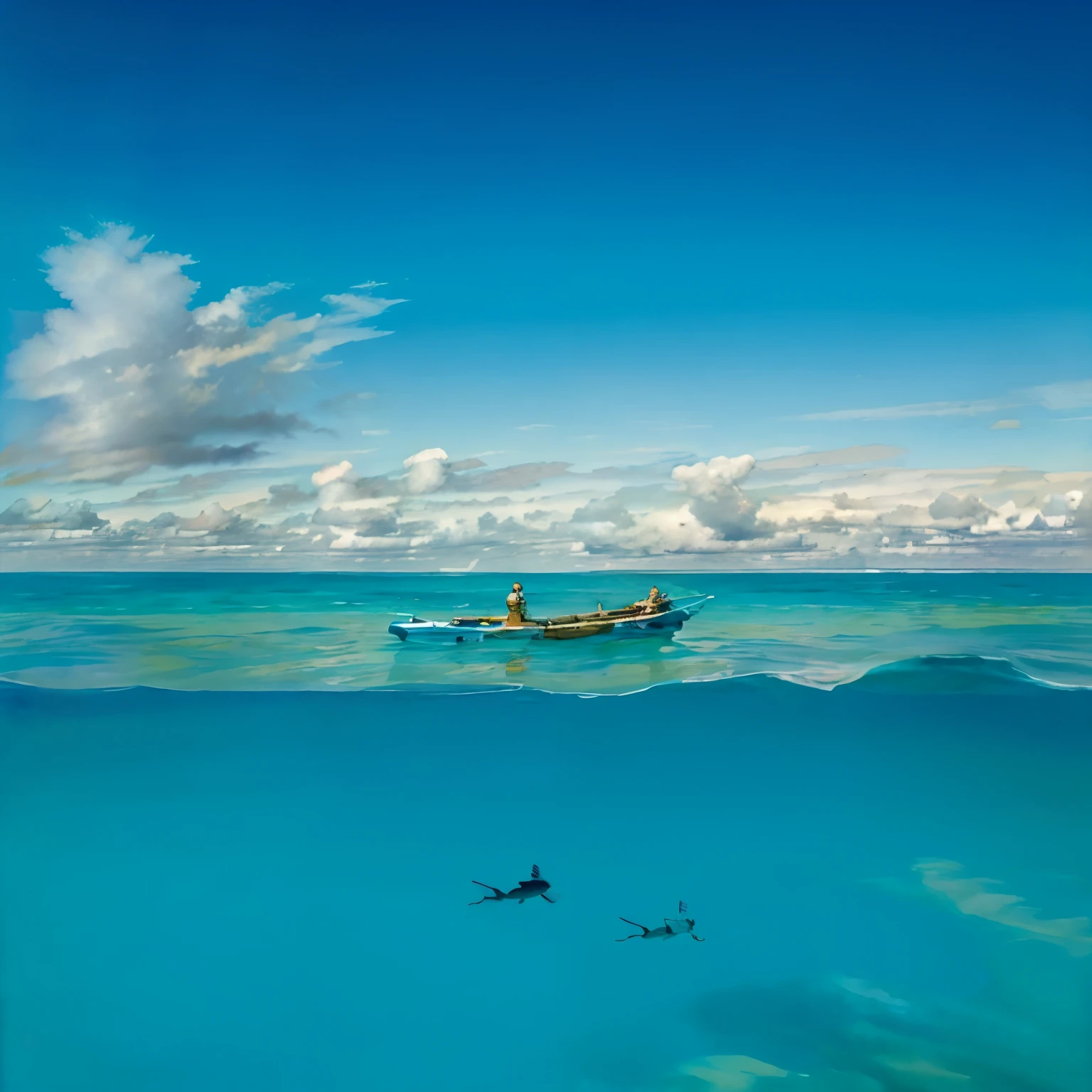 hand painted painting divided in half sky above blue full of beautiful clouds, horizon with hills, houses, tourist coastal town and in the water underwater divers exploring the underwater depths