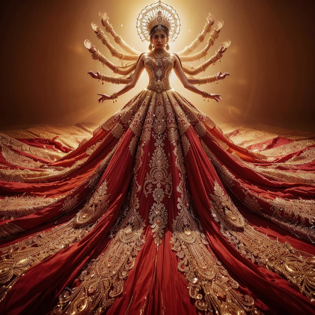 A stunning (((Indian woman with gorgeous face))) dazzles in an intricate red gown, rich with flowing layers and elaborate patterns, embodying Ganesh in grand fashion. Her head, crowned with a gorgeous golden headpiece, is illuminated dramatically. Crystallized human arms extend from her back, while opulent gold jewelry and golden boots complete the look. The shot, taken from beneath, highlights her gown's magnificent descent and her gorgeous face, creating a divine and cohesive fashion masterpiece.
