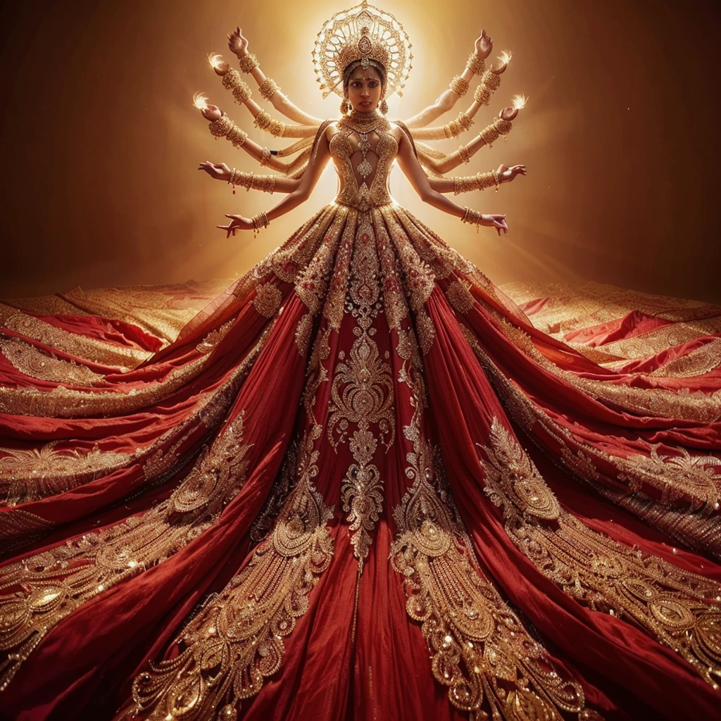 A stunning (((Indian woman with gorgeous face))) dazzles in an intricate red gown, rich with flowing layers and elaborate patterns, embodying Ganesh in grand fashion. Her head, crowned with a gorgeous golden headpiece, is illuminated dramatically. Crystallized human arms extend from her back, while opulent gold jewelry and golden boots complete the look. The shot, taken from beneath, highlights her gown's magnificent descent and her gorgeous face, creating a divine and cohesive fashion masterpiece.