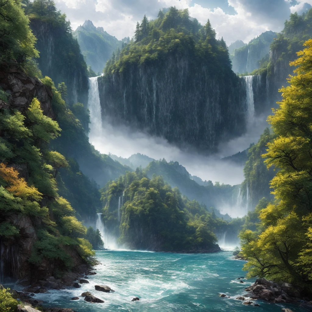 a detailed 8k ultra-detailed CG unit wallpaper, landscape, outdoor, sky, clouds, no humans, mountain, landscape, water, tree, blue sky, waterfall, cliff, nature, lake, river, cloudy skies, award-winning photography, bokeh, depth of field, hdr, blooming, chromatic aberration, photorealism, highly detailed, ArtStation trending, CGsociety trending, intricate, high detail, dramatic