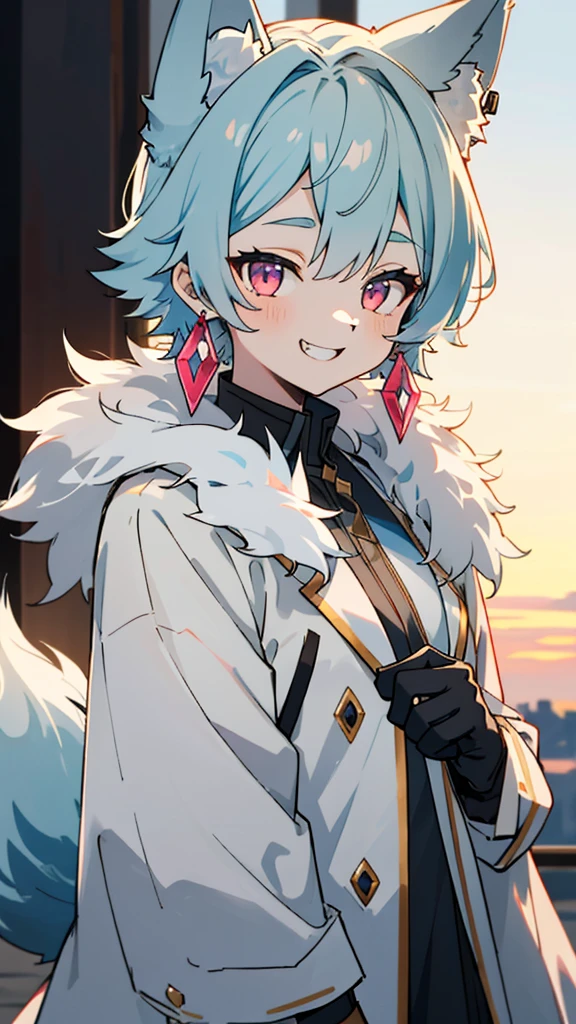 1 Girl、(Female wolf:1.5)、 (Light blue fur:1.3)、 (Fluffy tail:1.2)、Small breasts、Pink Eyes、Grin、Blue Earrings、Fluffy animal ears、Long coat、Black gloves、Upper body close-up、Sharp contours、Park in the background、sunset、Soft lighting