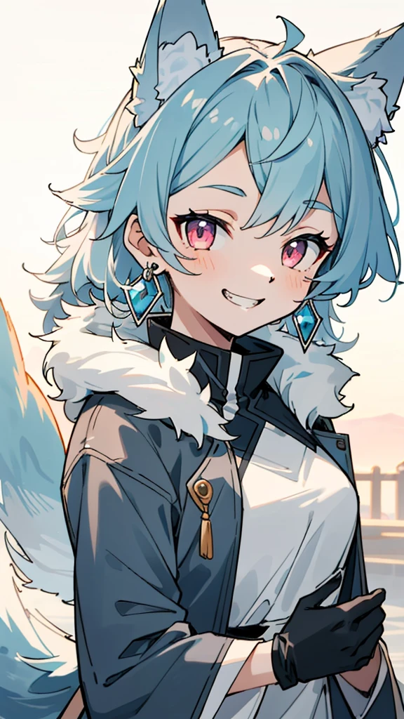 1 Girl、(Female wolf:1.5)、 (Light blue fur:1.3)、 (Fluffy tail:1.2)、Small breasts、Pink Eyes、Grin、Blue Earrings、Fluffy animal ears、Long coat、Black gloves、Upper body close-up、Sharp contours、Park in the background、sunset、Soft lighting
