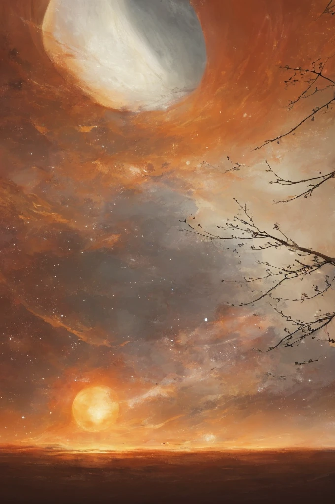 Pale Orange color, bushes around the canvas SPACE solar system containing Earth Saturn Jupiter Venus Mars Neptune Uranus Mercury dark fantasy, eldritch, pixiv, digital painting ,acrylic painting victory happy SOFT BRUSHES SOFT BRUSHES DARK BACKGROUND