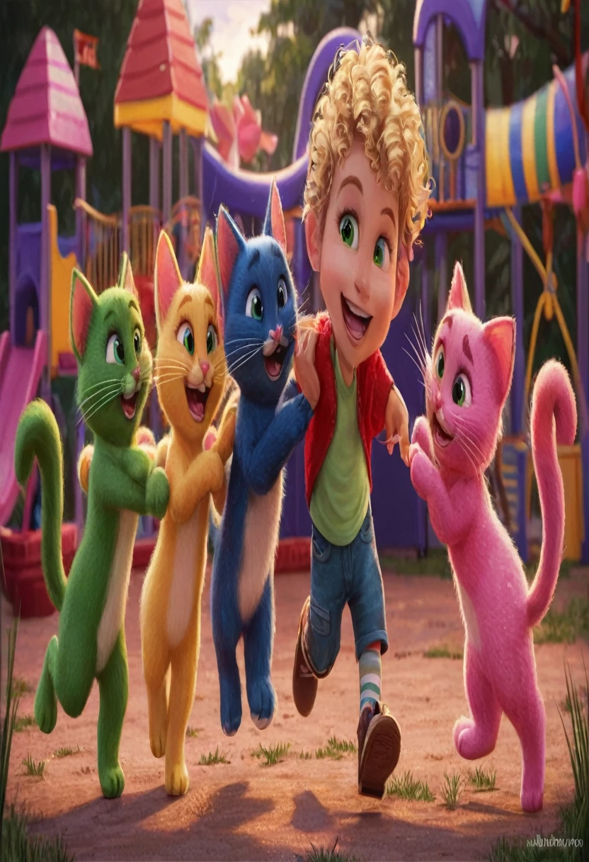 A little boy playing hide and seek with his kitten friends. There are 4 kittens, a green , a yellow one, one blue and one pink, where pink and yellow are female, The boy is blonde with curly hair and must be around 6 years old., They are playing hide and seek in a very colorful park
