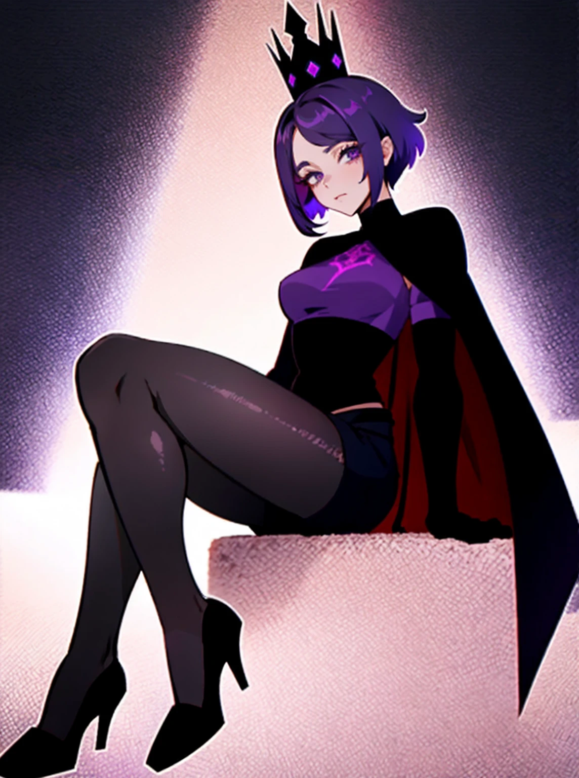 1 girl with short hair half dark blue and half dark purple, with a dark sports shirt, dark purple eyeliner, an infernal crown on her head, black shorts and heels, a cape, mesh stockings, long ones, delicious, with black and purple marks on the skin