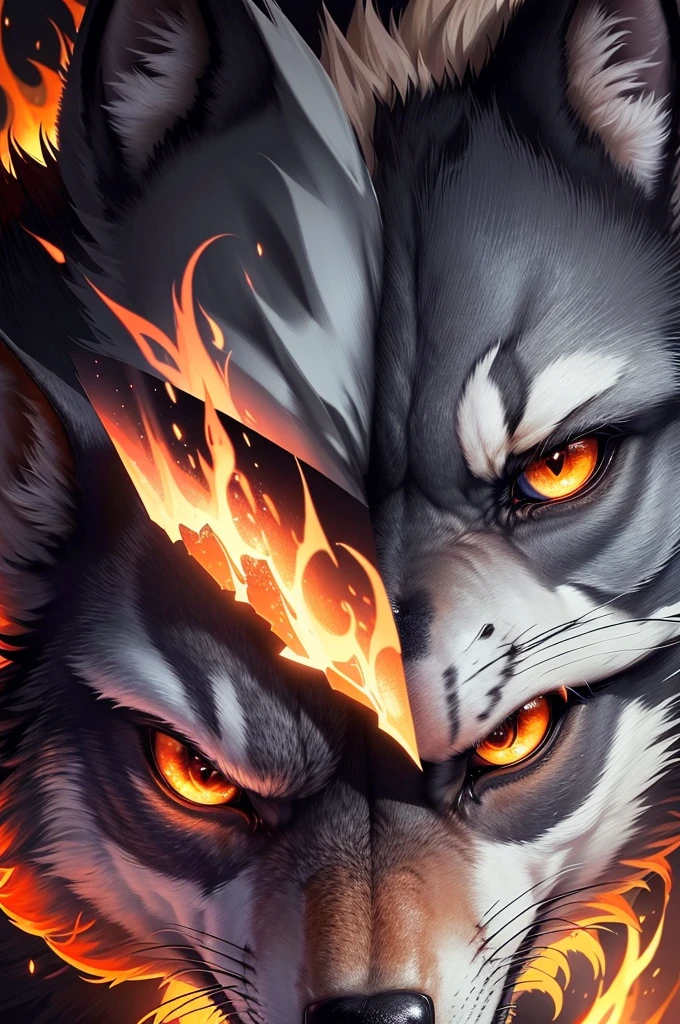 (Extremely detailed wallpaper of a wolf on fire in 8k),(work of art), (best qualityer), (ultra detali), (Best illustration),(melhor ombre), (ombre, detailedeyes:1.1), (burning battle background:1.2), ,break , mod3, to use as a profile, angry expression and growling