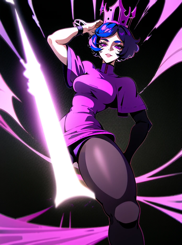 1 girl with short hair half white and half dark purple, with a dark sports shirt, dark purple eyeliner, an infernal crown on her head, black shorts and heels, a cape, mesh stockings, long ones, delicious, with black and purple marks on the skin