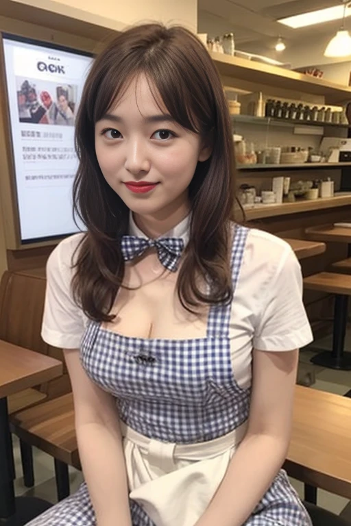 ooki masterpiece、Highest quality、Ultra-high resolution、(Photorealistic:1.6)、1 girl、(Long Hair:1.5)、(round face:1.3)、(Gingham check suspender apron:1.3)、(Plain blue high waist skirt:1.3)、(Apron skirt:1.2)、(White blouse:1.3)、(Double-breasted、Underbust:1.2)、Short sleeve、Button Gap、(Plain blue bow tie:1.2)、(Plump body:1.2)、(Smooth Skin:1.1)、Dynamic pose、(chest:1.2)、Cafe、restaurant、Red lipstick、Disheveled Hair、Spreading her legs、((Thighouth slightly open、