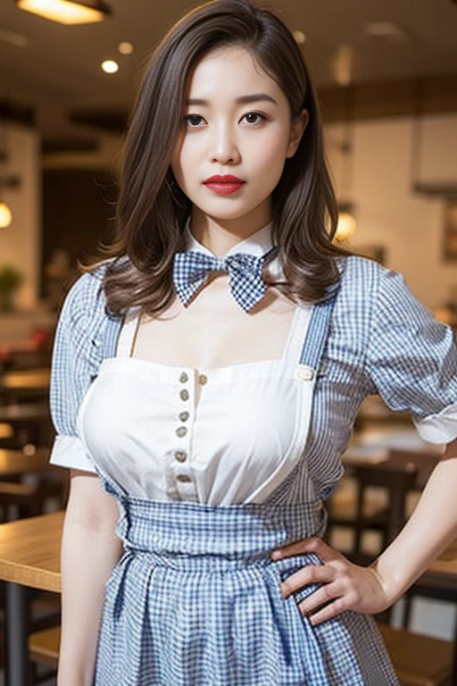 ooki masterpiece、Highest quality、Ultra-high resolution、(Photorealistic:1.6)、1 girl、(Long Hair:1.5)、(round face:1.3)、(Gingham check suspender apron:1.3)、(Plain blue high waist skirt:1.3)、(Apron skirt:1.2)、(White blouse:1.3)、(Double-breasted、Underbust:1.2)、Short sleeve、Button Gap、(Plain blue bow tie:1.2)、(Plump body:1.2)、(Smooth Skin:1.1)、Dynamic pose、(chest:1.2)、Cafe、restaurant、Red lipstick、Disheveled Hair、Spreading her legs、Thighs、