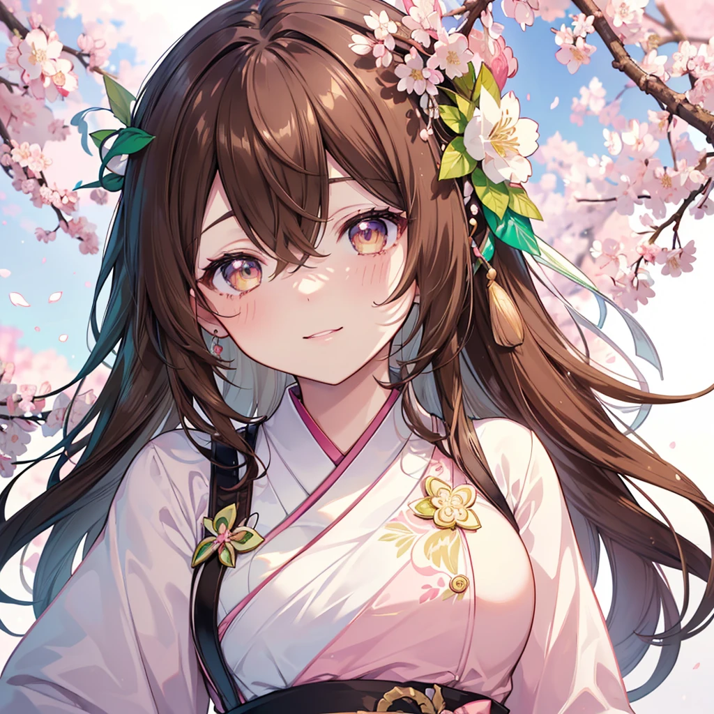 ((Genshin impact style lineart)) ((face portrait)), (masterpiece), (high quality), 1 girl, 16 years, female and curvy body, white skin, freckles, ((long, and wavy (((DARK-BROWN))) hair)), ((GREEN and bright eyes)), she has a cheerful, kind and sweet expression, pink lips with a big smile, ((designs from East Asian, Game character costume design)), Japanese clothing style with a green and light pink color palette, japanese hair accessories, ((White background, sakura, cute and colorful pink details)), ((portrait panting)), intricate details, lens flare,ultra high resolution,sharp focus,HD,8k,clear facial features,clear details,beautiful eyes,beautiful face