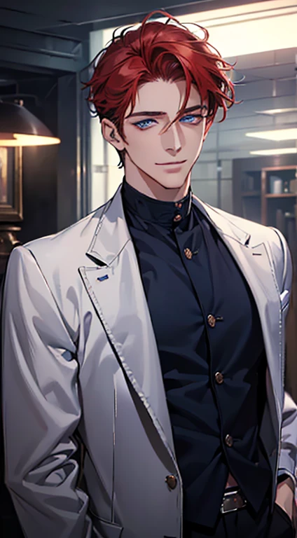 (best quality, masterpiece, 8K, photorealistic, cinematic lighting, 1:4 hdr image, ultra detailed, beautiful image), a mature man, 25 years very handsome, ((cold expression smile in love)), short red hair, blue eyes, face perfect without mistakes, ((buttoning his jacket, CEO)), smile.