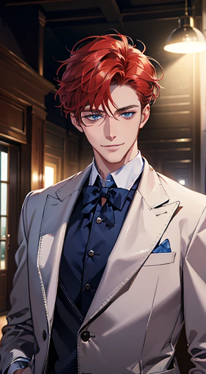 (best quality, masterpiece, 8K, photorealistic, cinematic lighting, 1:4 hdr image, ultra detailed, beautiful image), a mature man, 25 years very handsome, ((cold expression smile in love)), short red hair, blue eyes, face perfect without mistakes, ((buttoning his jacket, CEO)), smile.