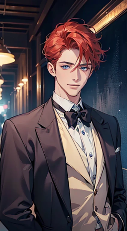 (best quality, masterpiece, 8K, photorealistic, cinematic lighting, 1:4 hdr image, ultra detailed, beautiful image), a mature man, 25 years very handsome, ((cold expression smile in love)), short red hair, blue eyes, face perfect without mistakes, ((buttoning his jacket, CEO)), smile.